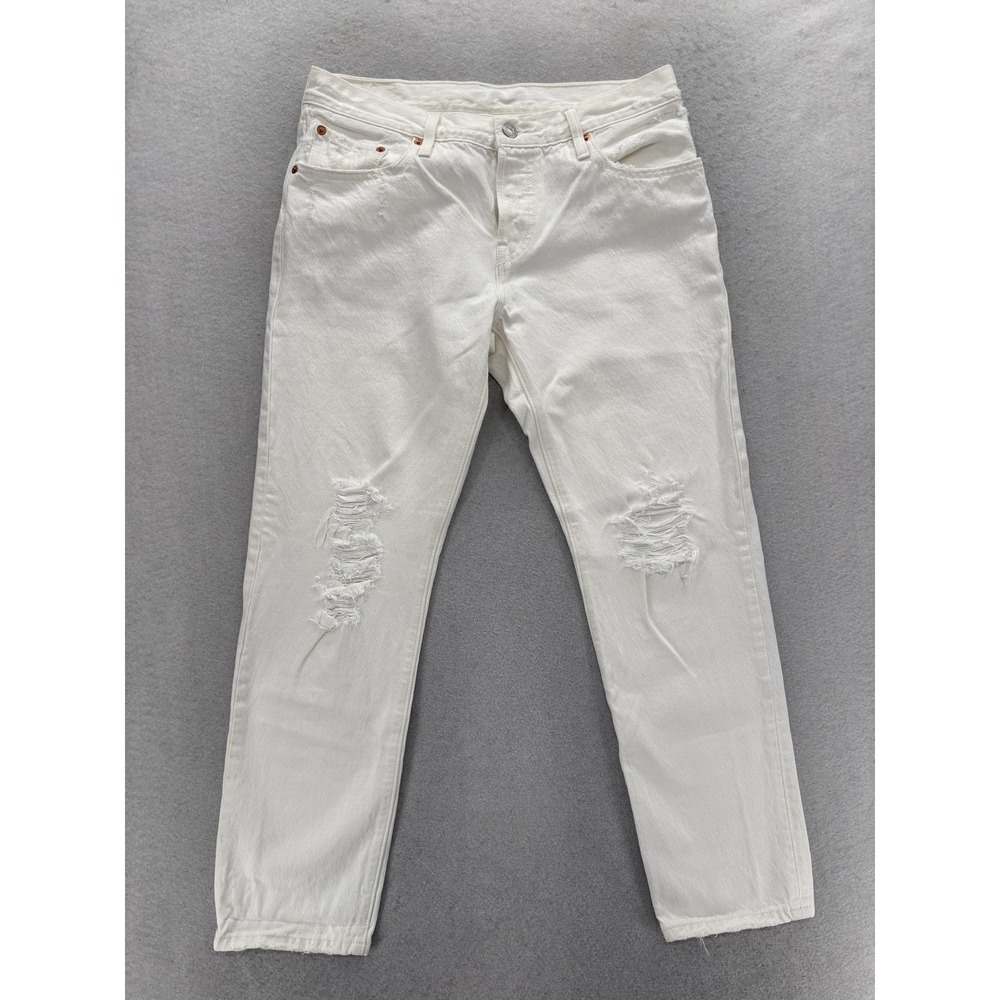 Levis 501 Jeans Womens 32x28 Custom Tapered White Denim Stretch Button Fly Y2K